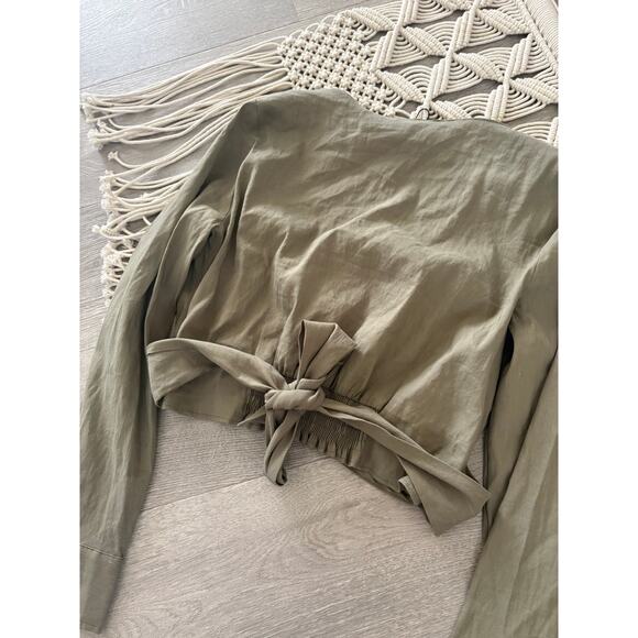 Zara Twist Front Linen Crop Top Large Olive Green Long Sleeve Tie Back Deep V - Picture 7 of 9